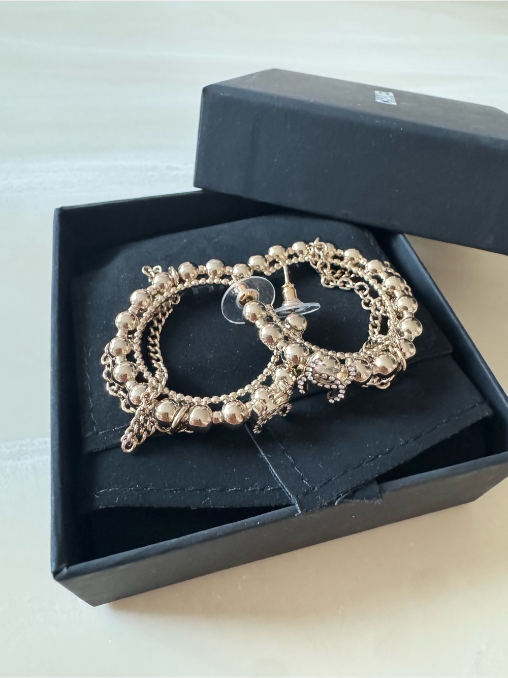 CHANEL Gold Beaded Hoop Earrings with Chain Detail